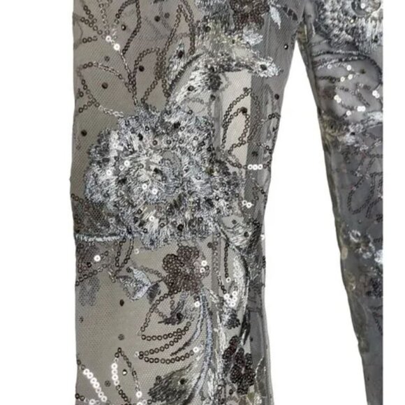 Floral Embroidered Sequin Illusion Boat Neck Long Sleeve Gown NWOT - Picture 4 of 7